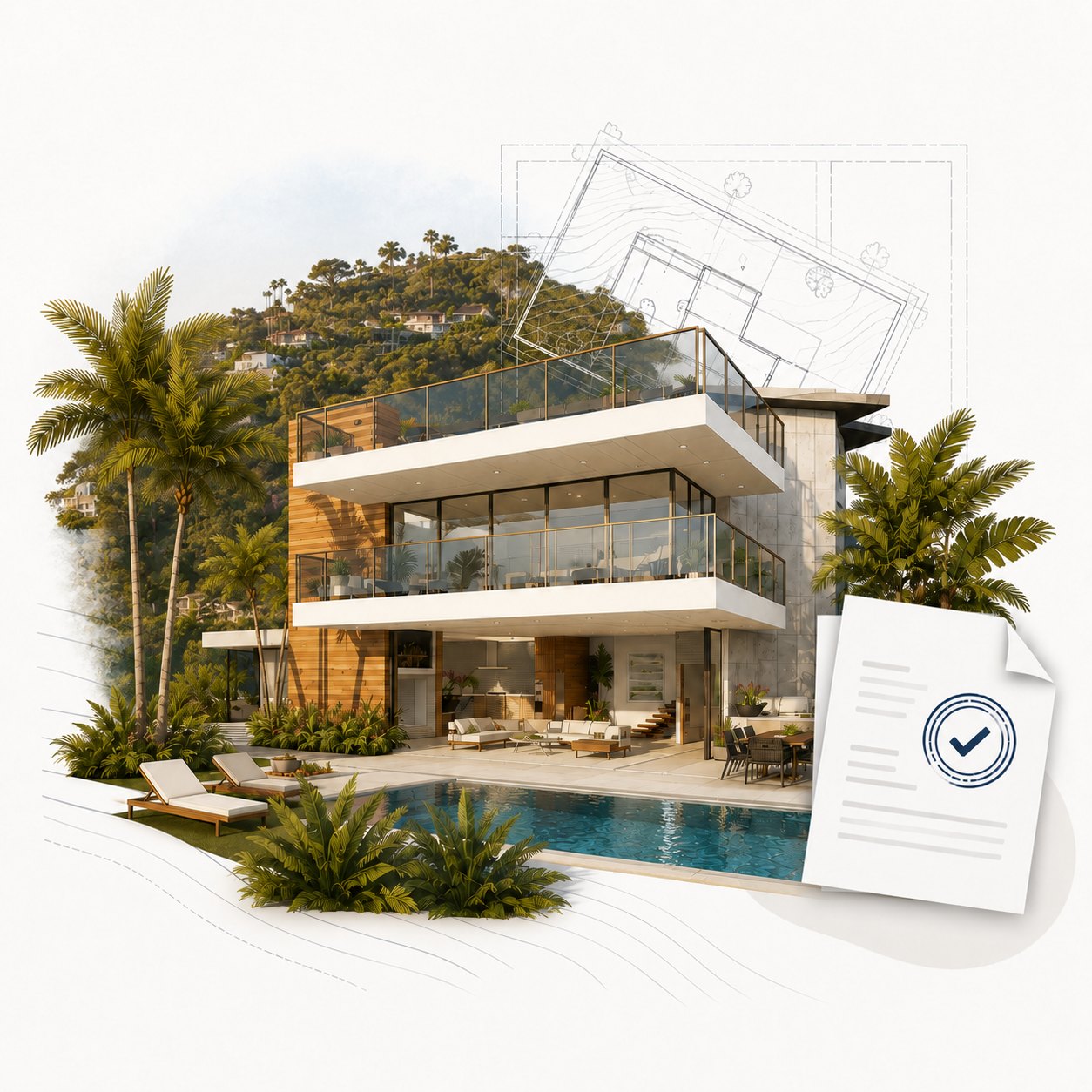 A hillside home rendered onto its graded parcel, with an architectural site plan and a stamped, approved permit document behind it