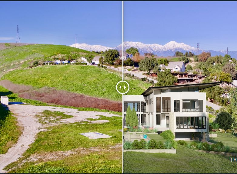 Before-and-after of a hillside parcel: raw land on the left, the finished modern home rendered into the same site on the right